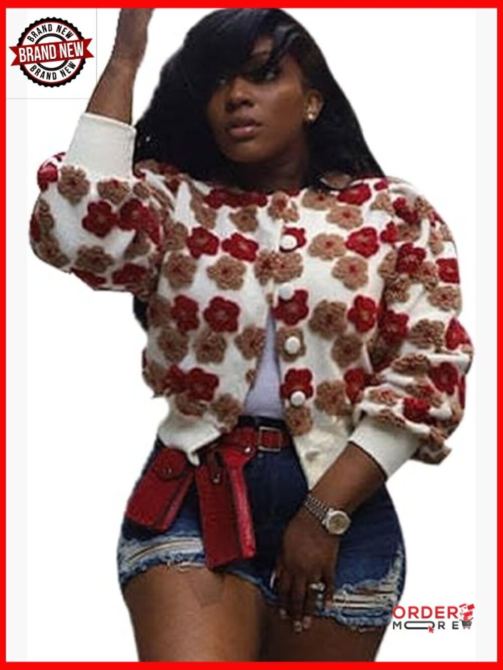 Cropped Floral Print Fleece Bomber Jacket Button Down Casual Coat
